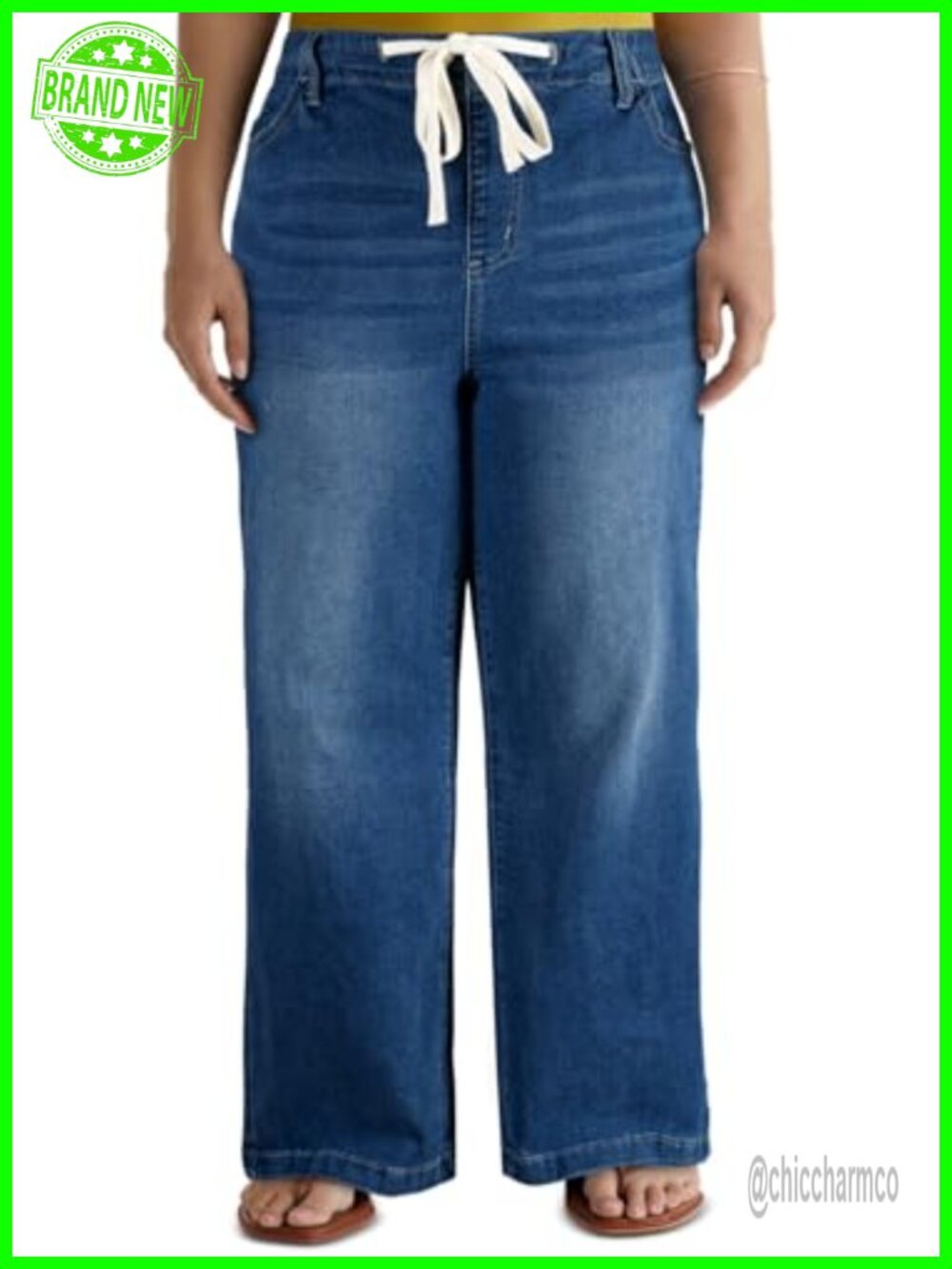 Plus Size Wide Leg Jeans with Pockets High Rise Drawstring Denim